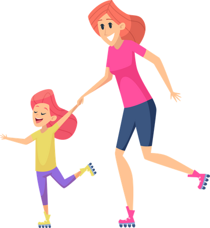 Mother and daughter riding roller skates  Illustration