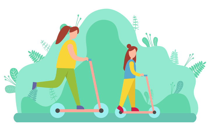 Mother and daughter riding scooter  Illustration