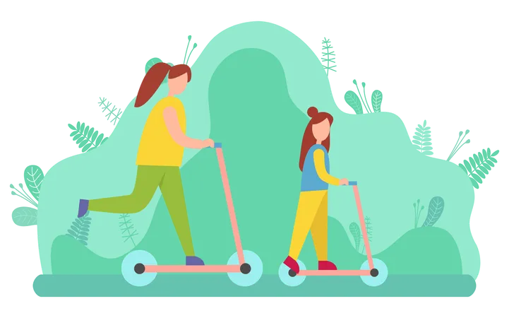Mother And Daughter Riding Scooter Together In Park Female Parent And Young Child Spending Free Time Outdoors Summer Activities Family Leisure Vector Illustration