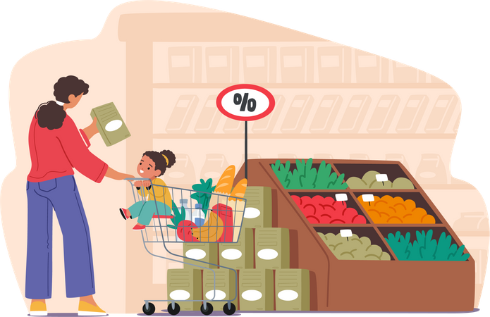 Mother And Daughter Seated In A Shopping Cart As They Navigate The Aisles Of Bustling Supermarket  Illustration