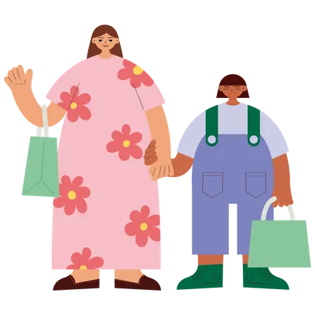 Mother And Daughter Shopping Together Vector Illustration In Flat Color Design Illustration