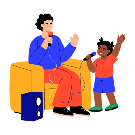Mother and daughter singing in karaoke  Illustration