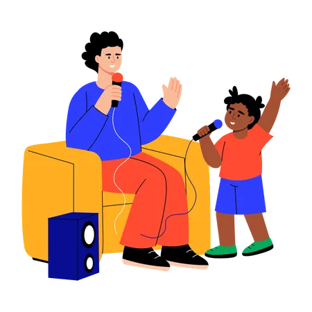 Mother and daughter singing in karaoke  Illustration