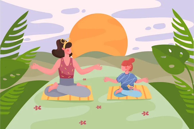 Yoga Trainings And Family Activity At Nature Background Mother And Daughter Sit In Lotus Position And Meditate Outdoors Sunset Scenery With Green Leaves Vector Illustration In Flat Cartoon Design Illustration