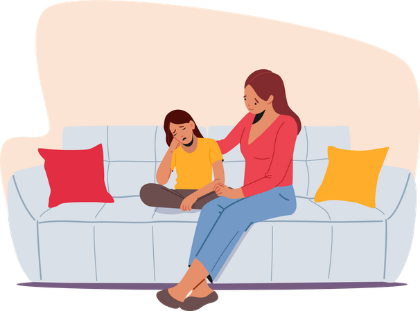 Mother and Daughter Sit on Sofa in Living Room Illustration