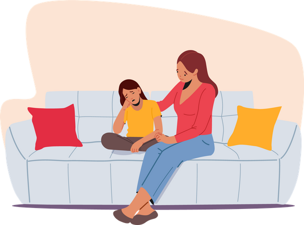 Mother and Daughter Sit on Sofa in Living Room  Illustration