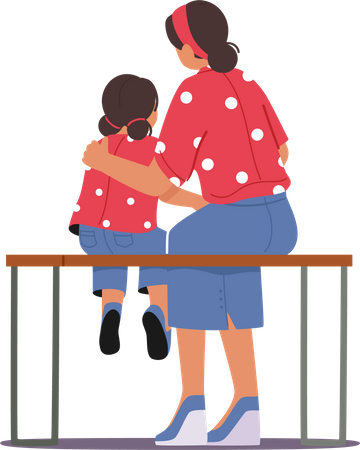 Mother and daughter sitting on bench Illustration