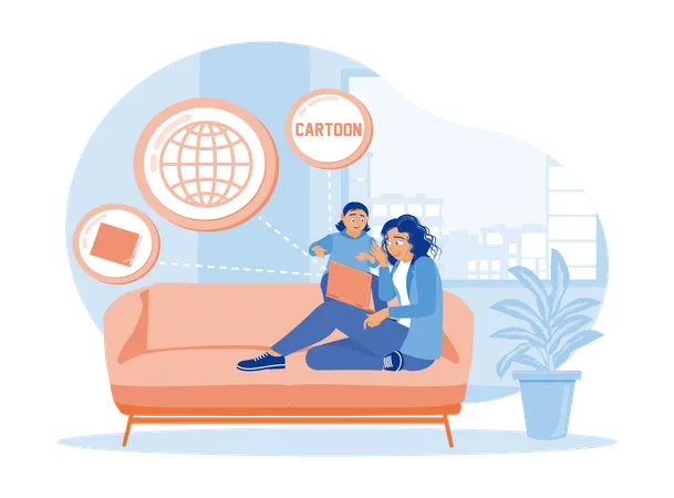 Mother and daughter sitting on sofa in living room  Illustration