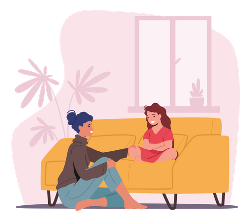 Mother And Daughter Sitting On Sofa In Living Room Telling Secrets  Illustration