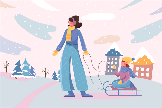 Mother and daughter sledding at city and snowfall  Illustration