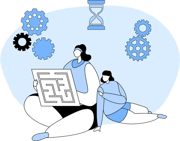 Mother And Daughter Solving Labyrinth Puzzle Sitting At Home Illustration