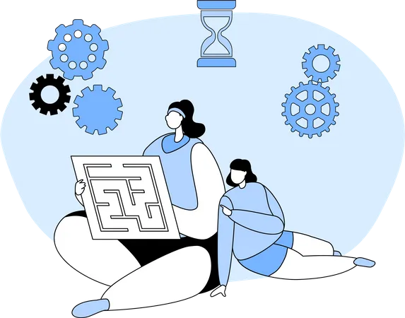 Mother And Daughter Solving Labyrinth Puzzle Sitting At Home  Illustration