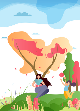 Mother and Daughter Spending Time in Park  Illustration