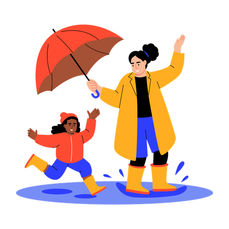 Mother and daughter splashing puddle  Illustration