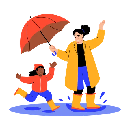 Mother and daughter splashing puddle  Illustration