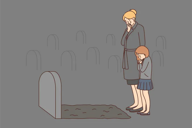 Mother and daughter standing near gravestome  일러스트레이션