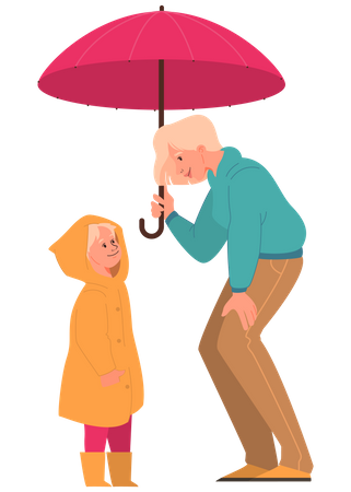 Mother and daughter standing under umbrella Illustration