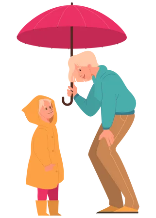 Mother and daughter standing under umbrella Illustration
