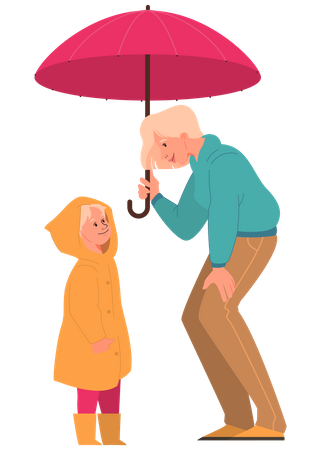 Mother and daughter standing under umbrella  Illustration