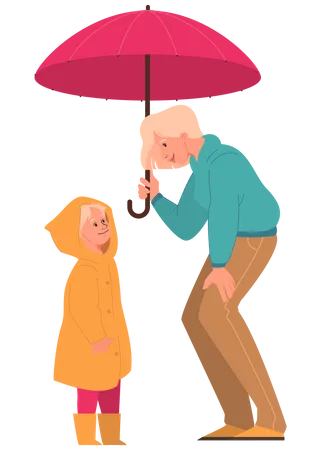 Mother and daughter standing under umbrella  Illustration