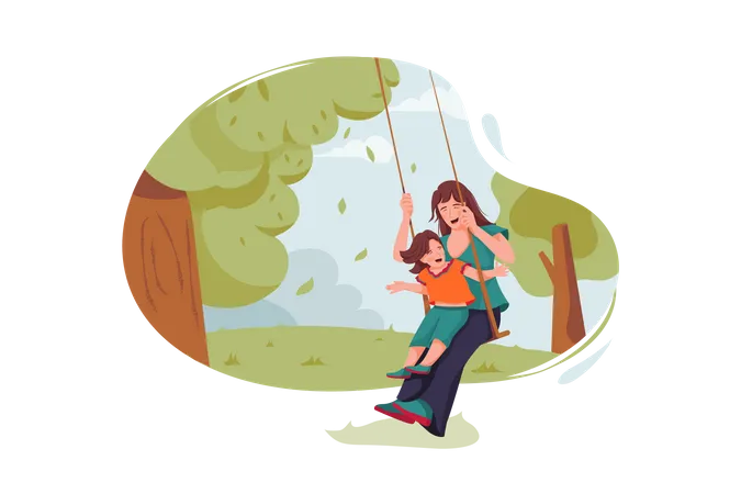 Mother and daughter swing at garden Illustration