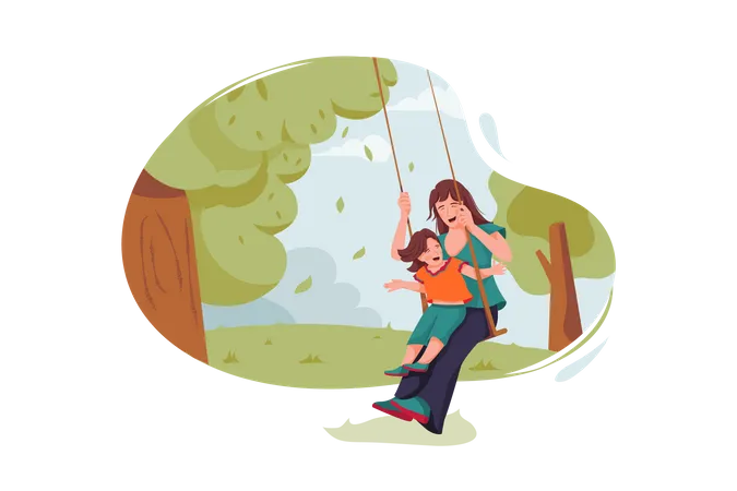 Mother and daughter swing at garden  Illustration