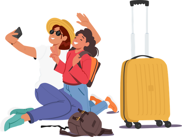 Mother And Daughter Taking Selfie Near Luggage Bags  Illustration