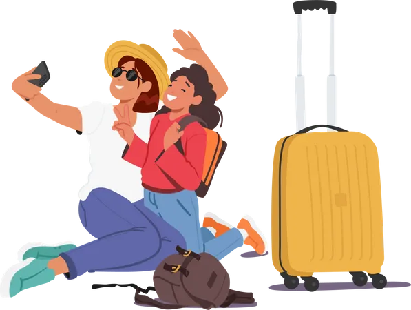 Mother And Daughter Taking Selfie Near Luggage Bags Capturing Their Travel Memories In A Fun And Exciting Way Characters Promoting Travel Accessories Or Holiday Packages Cartoon Vector Illustration Illustration