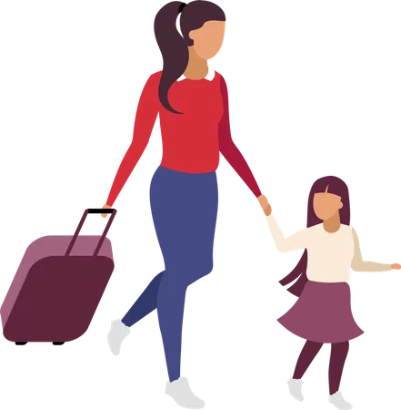 Mother And Daughter Travelling Together Flat Color Vector Faceless Characters Female Passenger With Travel Bag And Child Isolated Cartoon Illustration For Web Graphic Design And Animation Illustration