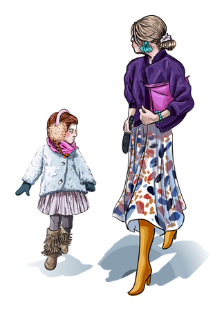 Mother and daughter walking together Illustration