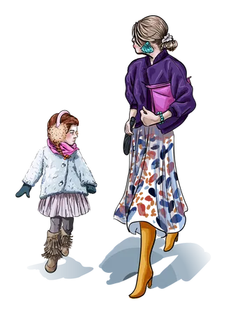 Mother and daughter walking together Illustration