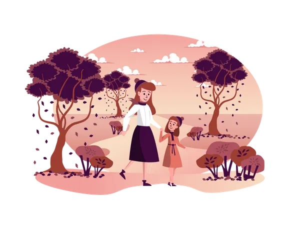 Mother and daughter walking together in autumn park Illustration
