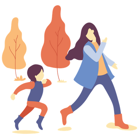 Mother and daughter walking together in autumn park Illustration