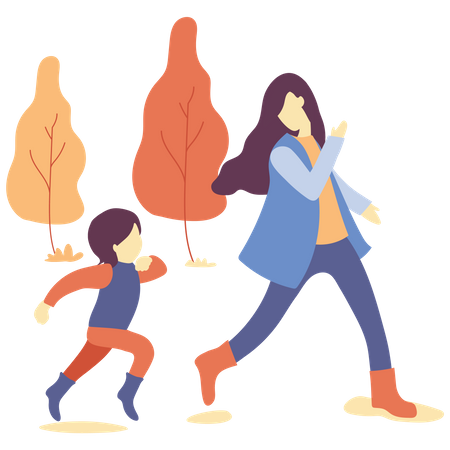 Mother and daughter walking together in autumn park  Illustration