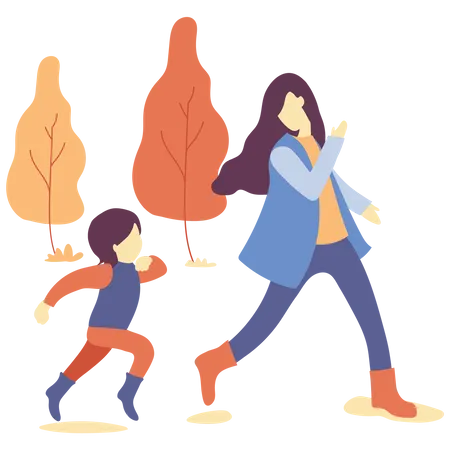 Mother and daughter walking together in autumn park  Illustration