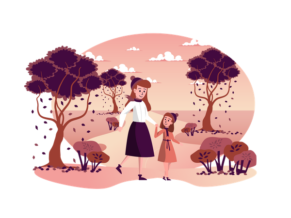 Mother and daughter walking together in autumn park  Illustration