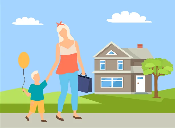 Mom Holding Hand Of Son Going On Road Near Tree And Building Parent And Kid With Balloon Portrait View Of Family Characters In Casual Clothes Vector Illustration