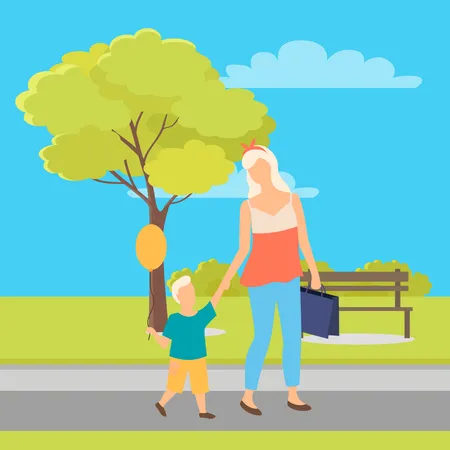 Mother and daughter walking together in park  Illustration