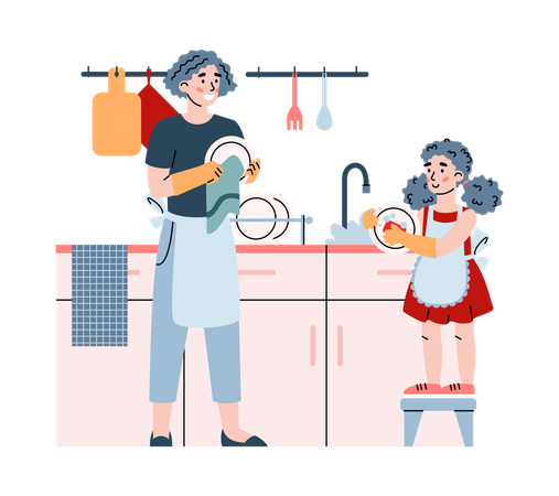 Mother and daughter wash dish after dining  Illustration