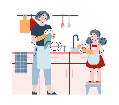 Mother and daughter wash dish after dining  Illustration