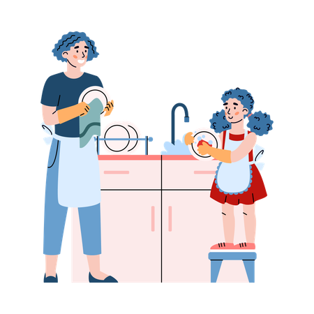 Mother and daughter washing dishes together  Illustration