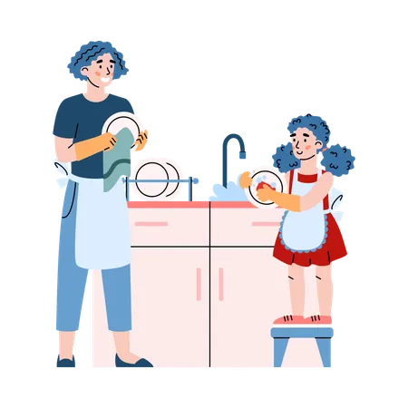 Mother and daughter washing dishes together  Illustration