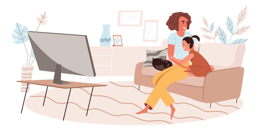 Mother and daughter watching TV together Illustration