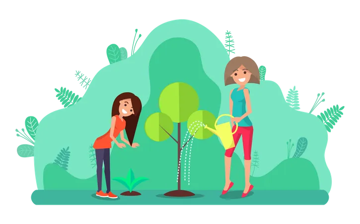 Mother and daughter watering plant  Illustration