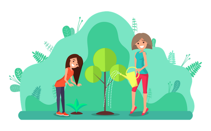 Mother and daughter watering plant  Illustration