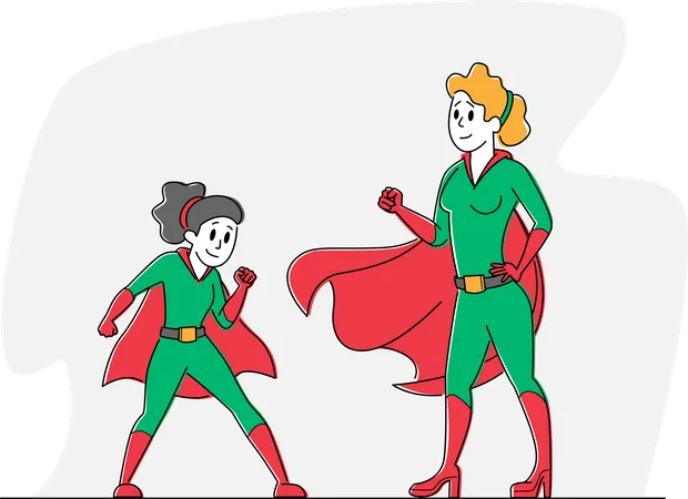 Happy Family Mother And Daughter Characters Wearing Superhero Costumes Posing And Demonstrate Power School Theater Performance Parents And Children Relations Linear People Vector Illustration Illustration