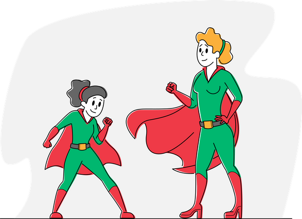 Mother and Daughter Wearing Superhero Costumes Posing and Demonstrate Power  Illustration