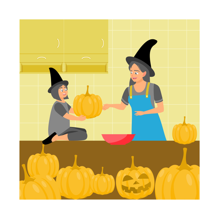 Mother and daughter wearing witch costumes  Illustration