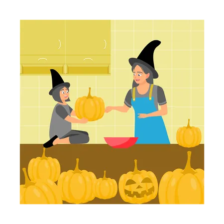 Mother and daughter wearing witch costumes  Illustration