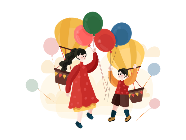 Mother and daughter with balloon  Illustration